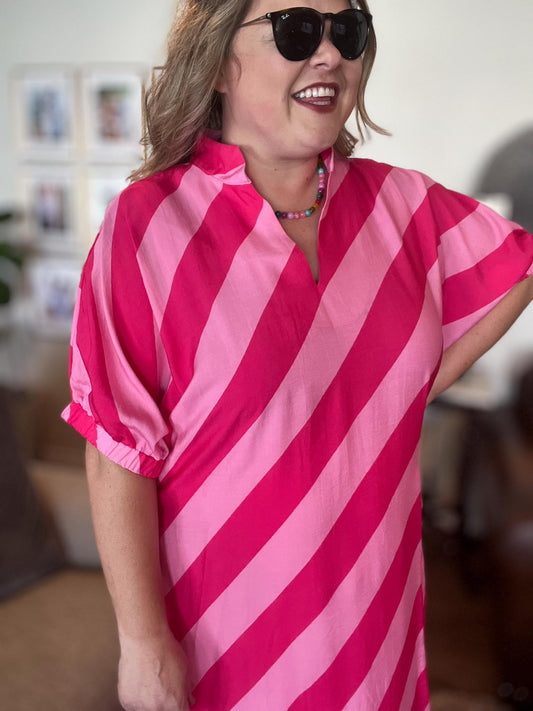Sangria Swirl Curvy Pink Diagonal Stripe Midi Dress