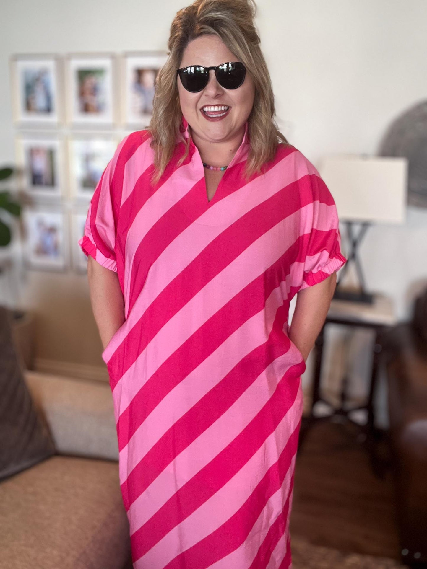 Sangria Swirl Curvy Pink Diagonal Stripe Midi Dress