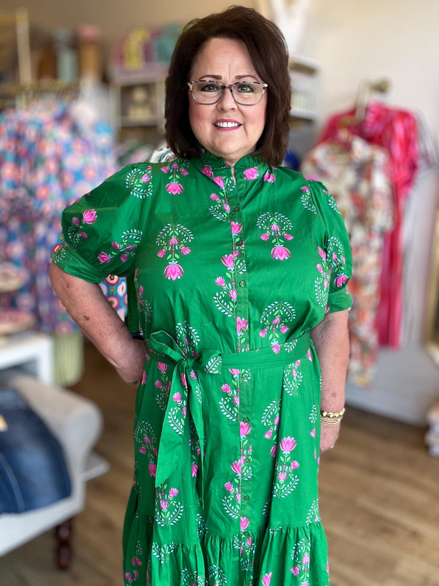 Save Me a Seat Plus-Size Green & Pink Midi Dress