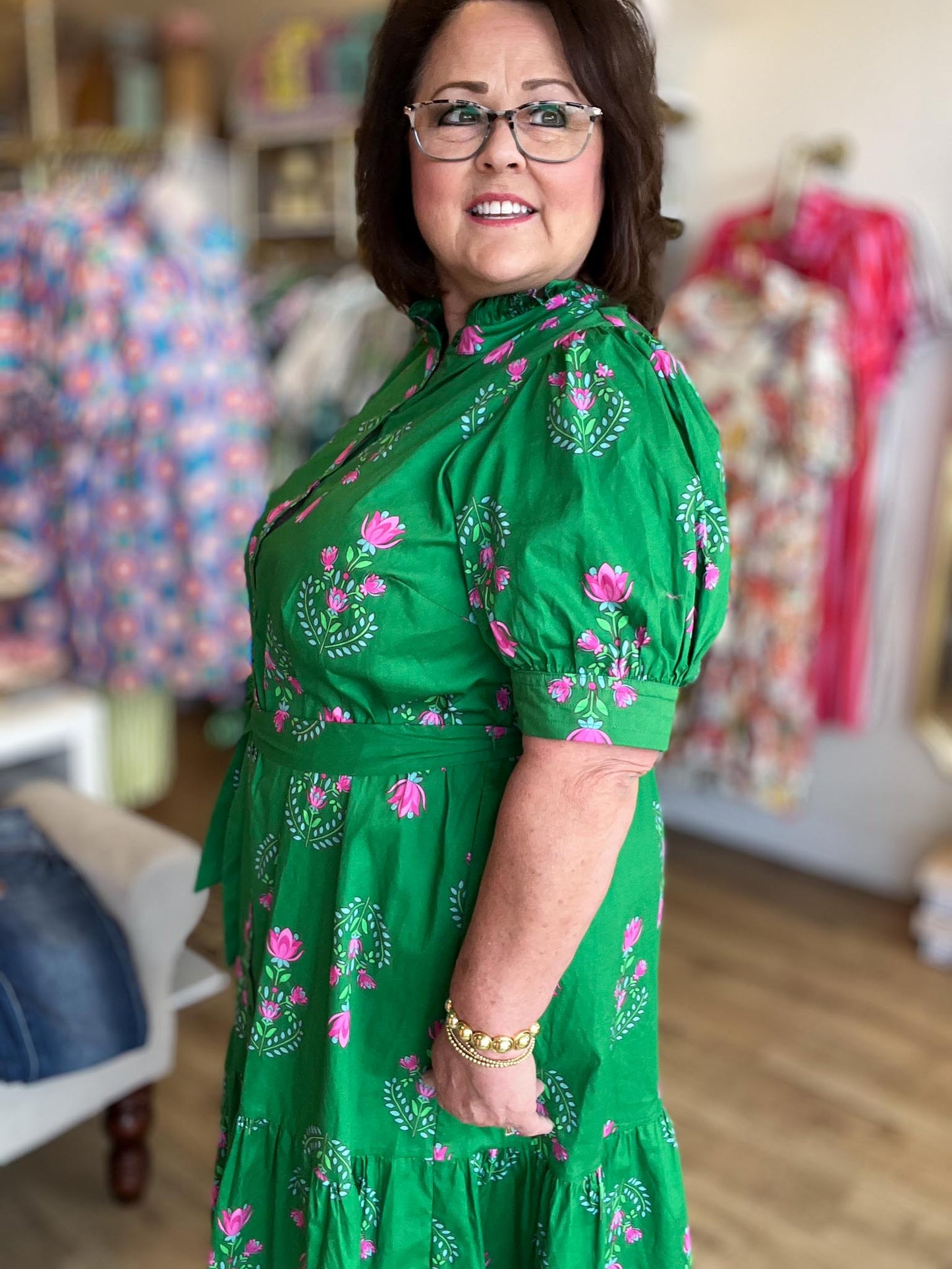 Save Me a Seat Plus-Size Green & Pink Midi Dress