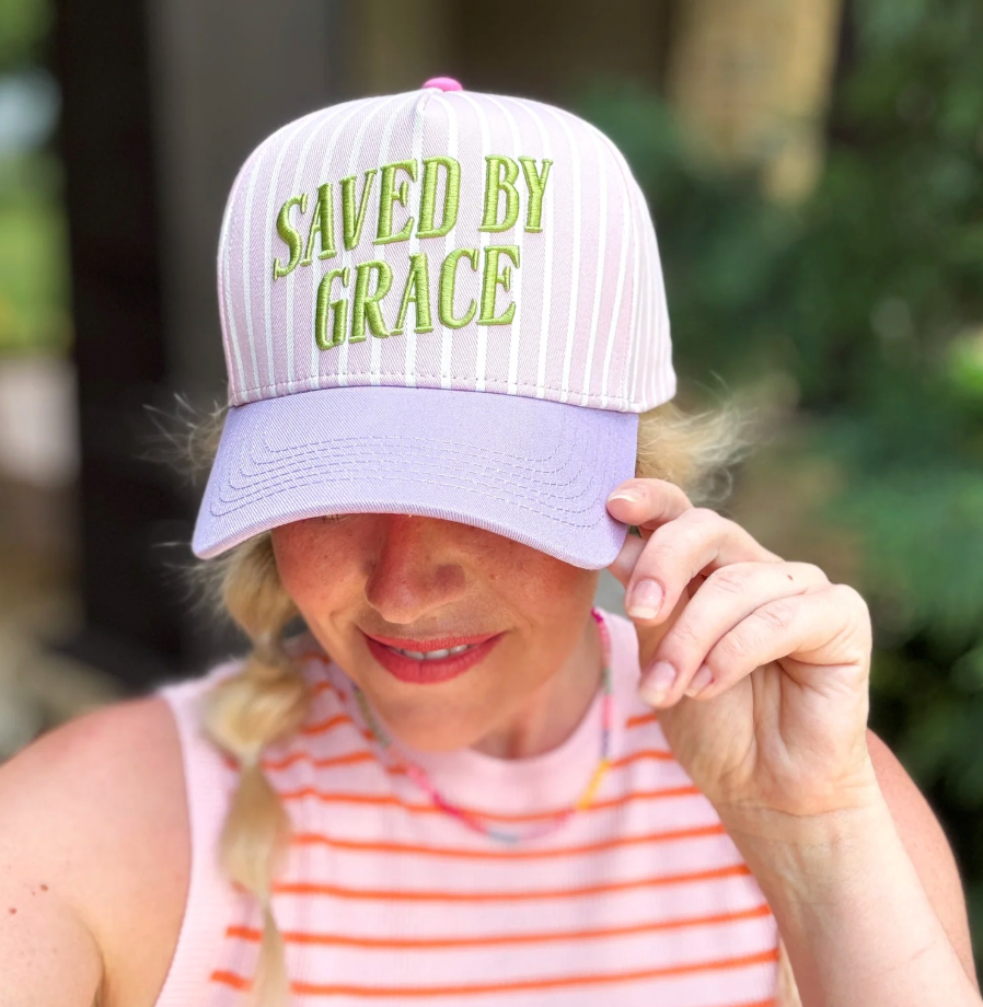 Saved By Grace Pink Striped Hat