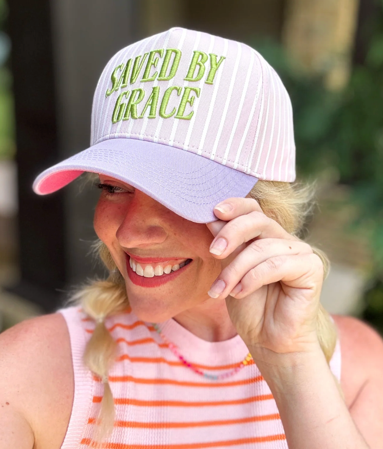 Saved By Grace Pink Striped Hat