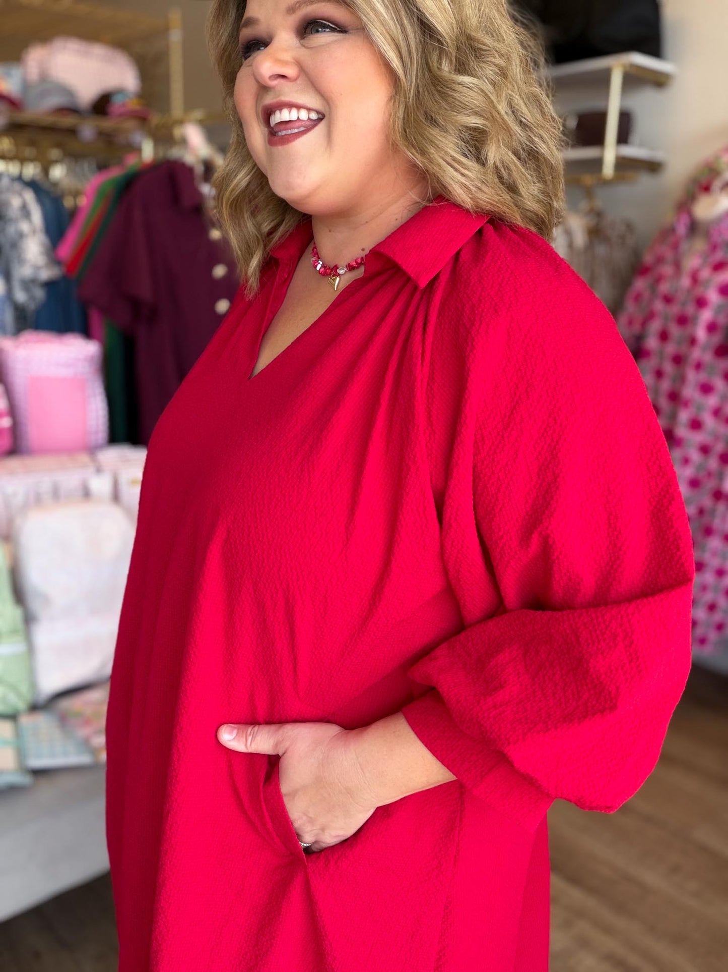Scarlet September Curvy Red Textured Dress