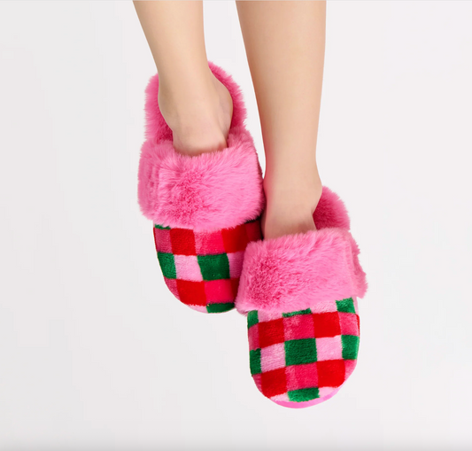 Checkered Pink Fuzzy Slippers