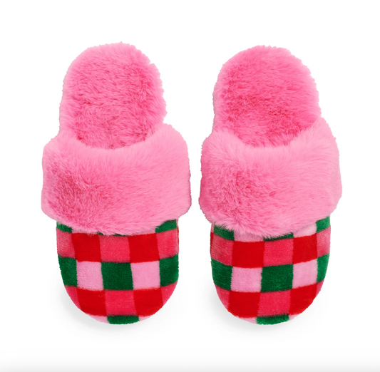 Checkered Pink Fuzzy Slippers