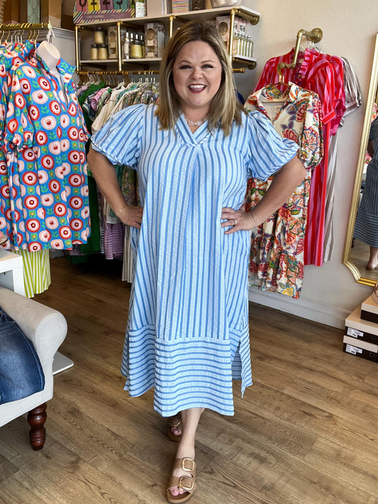 Seabreeze Social Curvy Blue Stripe Midi Dress