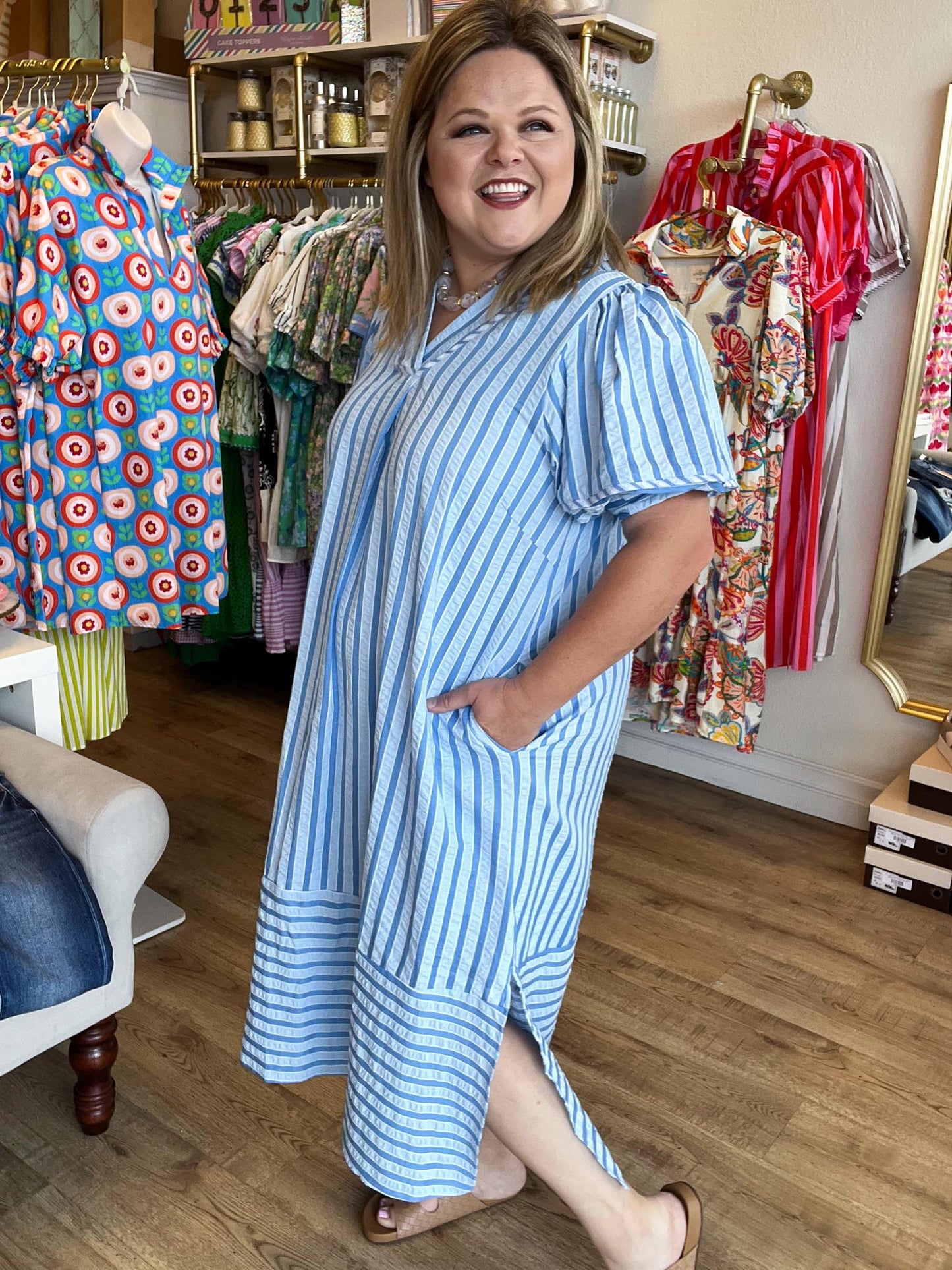 Seabreeze Social Curvy Blue Stripe Midi Dress