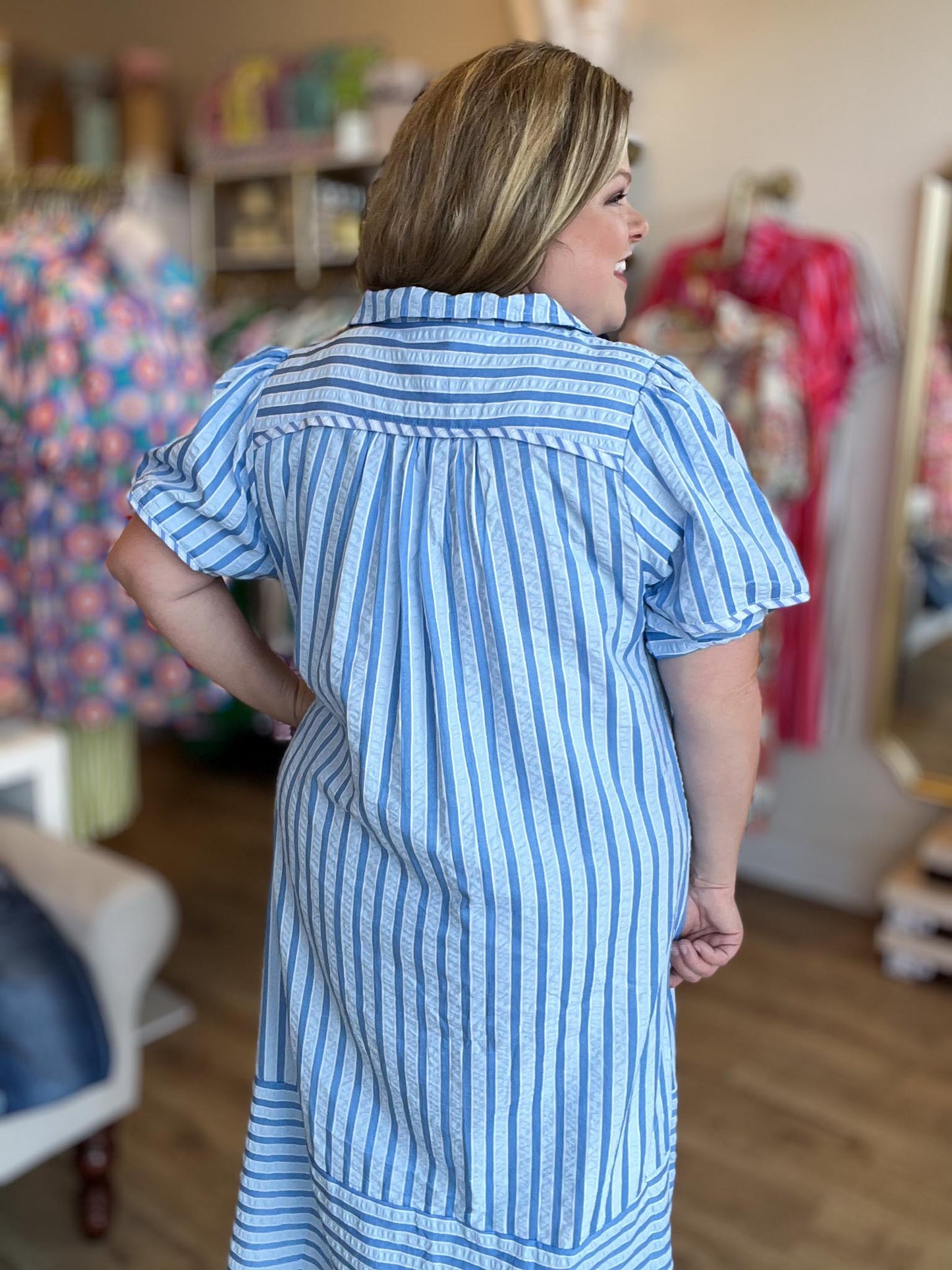 Seabreeze Social Curvy Blue Stripe Midi Dress