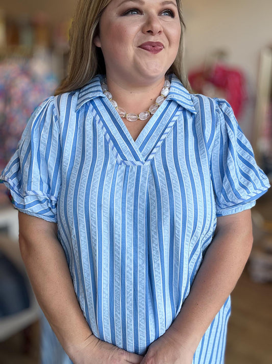Seabreeze Social Curvy Blue Stripe Midi Dress
