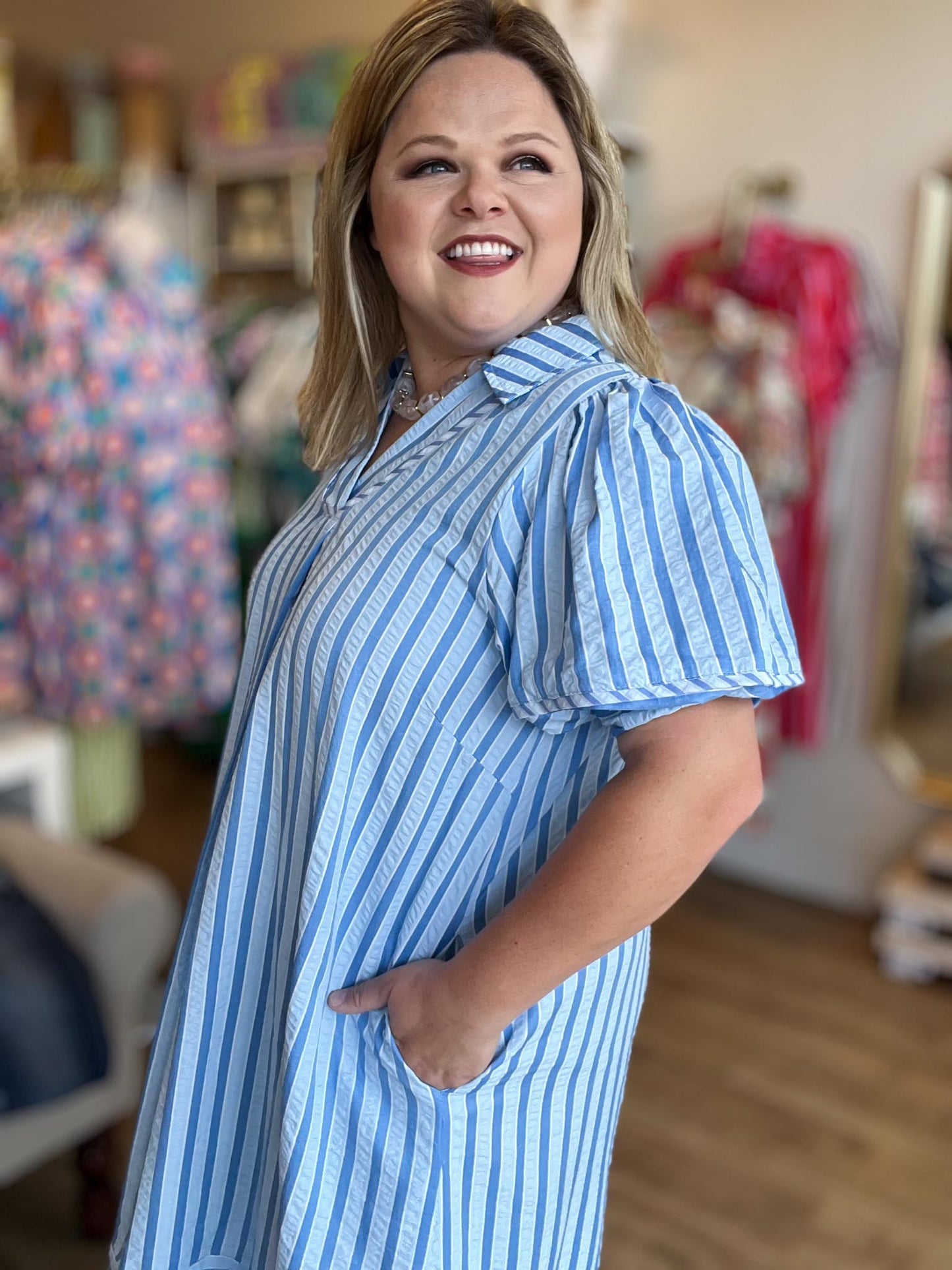 Seabreeze Social Curvy Blue Stripe Midi Dress