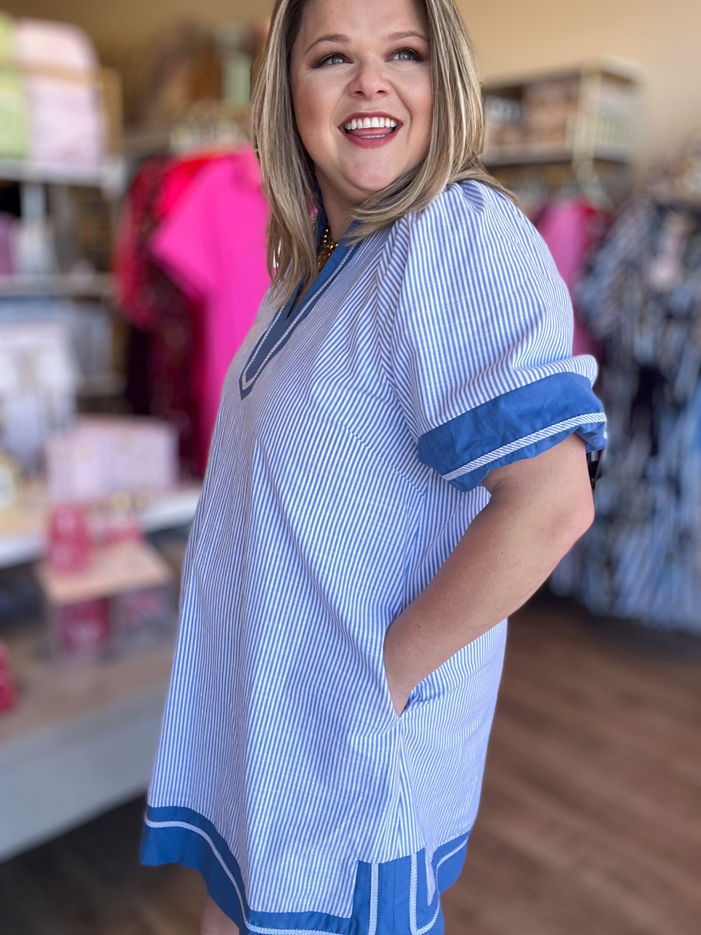 Seaside Stroll Curvy Blue Stripe Mini Dress
