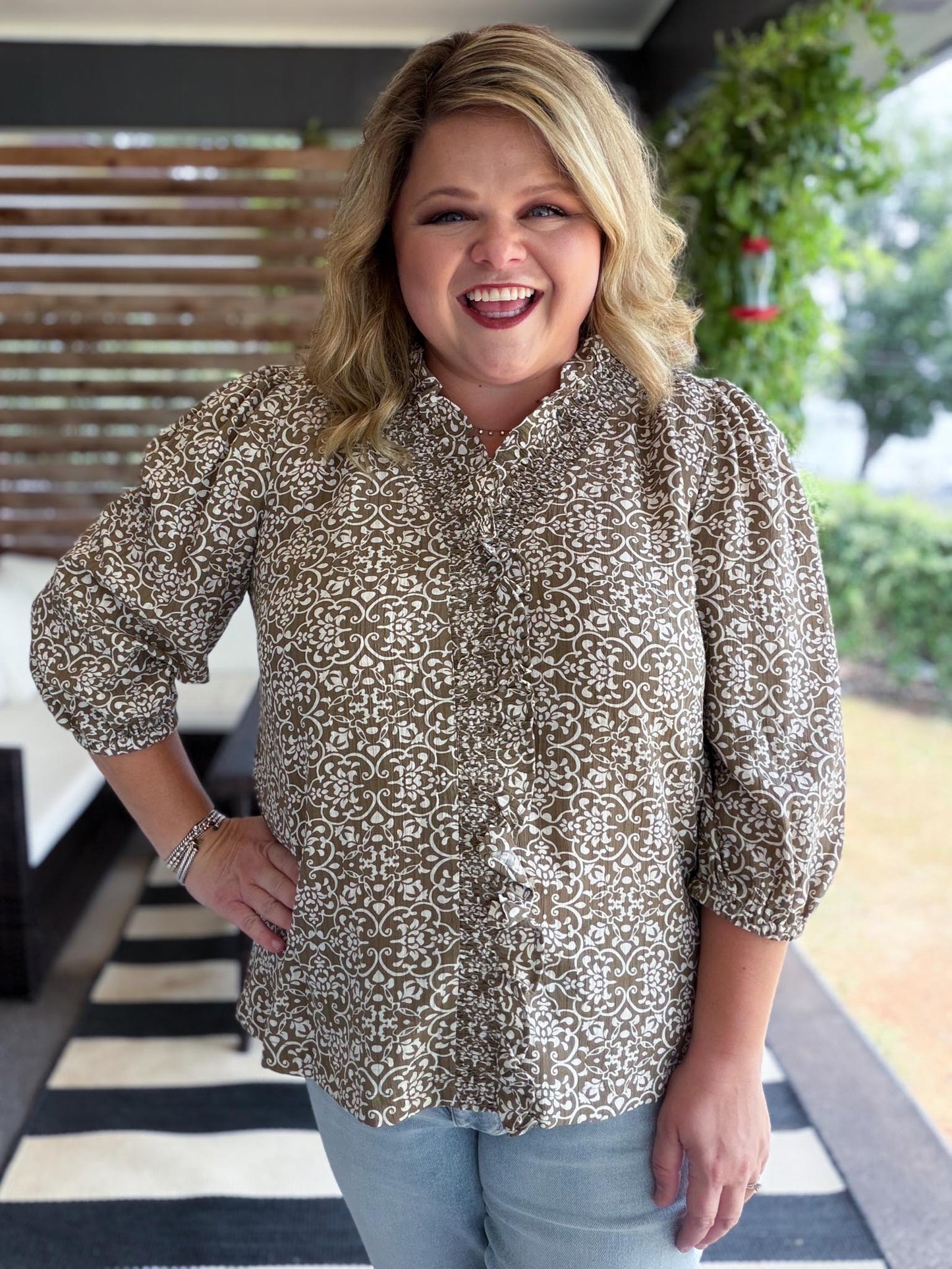 Season Shift Curvy Mocha Smocked Ruffle Top