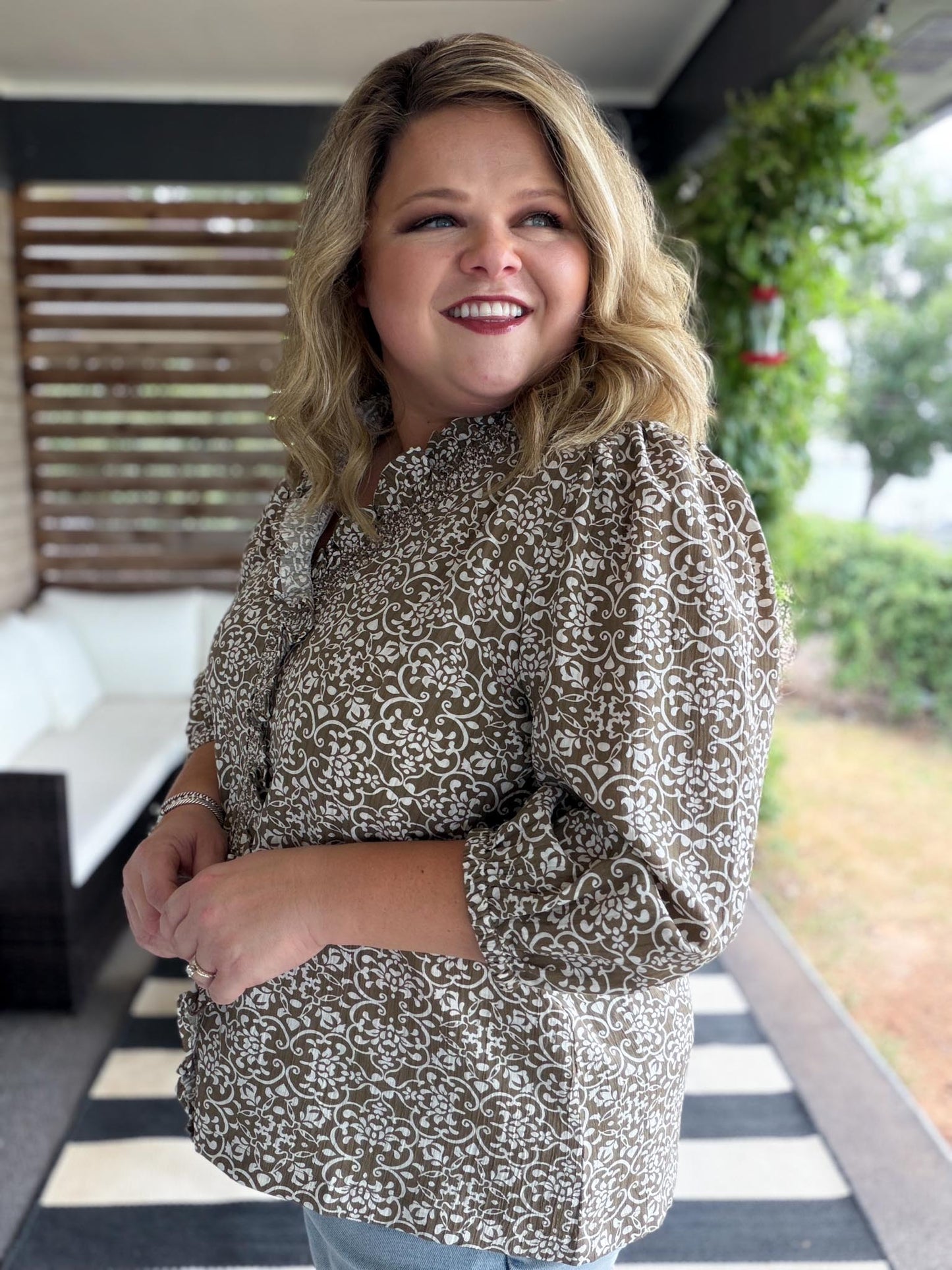 Season Shift Curvy Mocha Smocked Ruffle Top