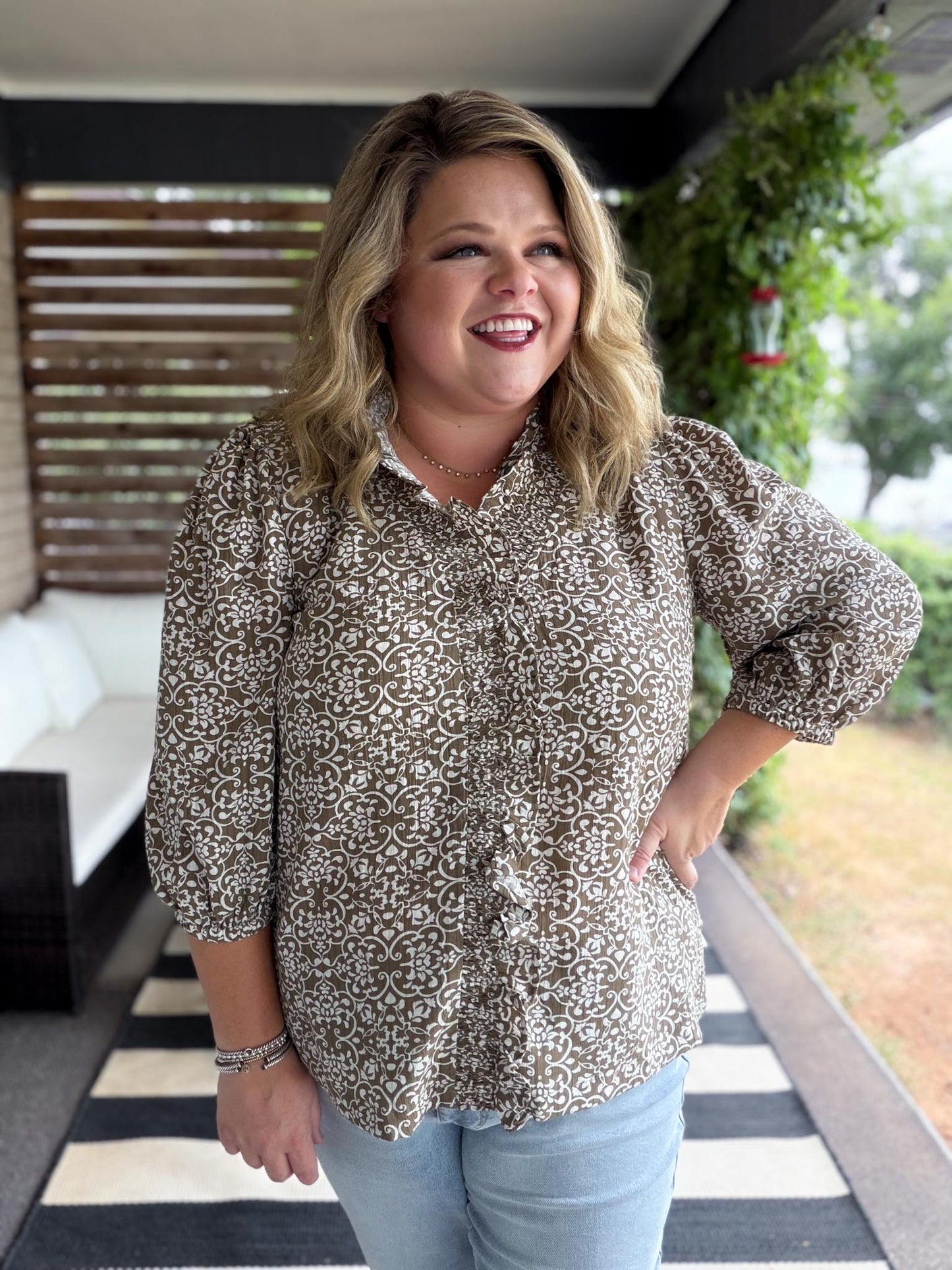 Season Shift Curvy Mocha Smocked Ruffle Top