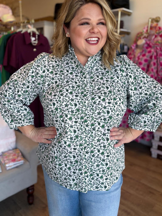 Secret Garden Plus-Size Green Floral Button Down Top