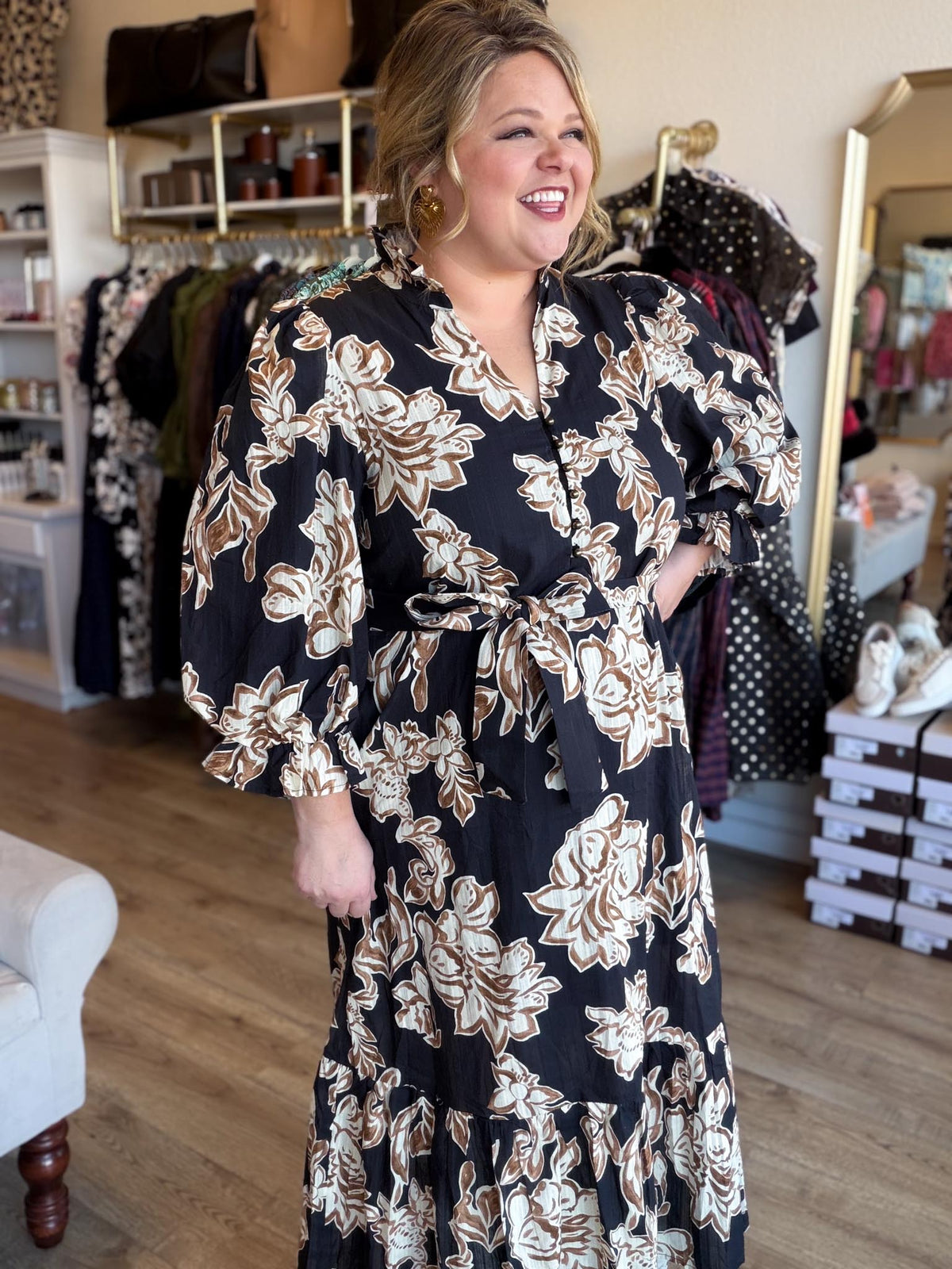 Sepia Romance Curvy Black Floral Midi Dress