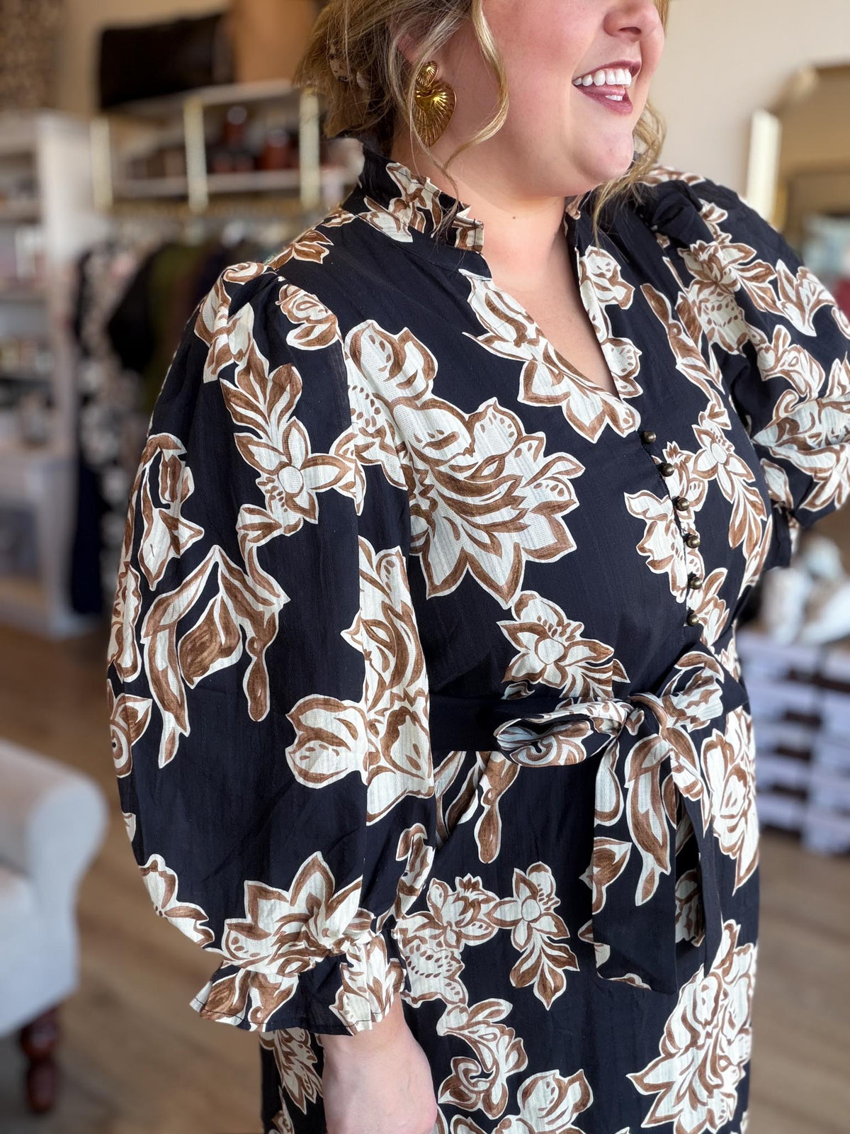 Sepia Romance Curvy Black Floral Midi Dress
