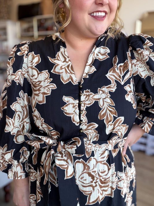 Sepia Romance Curvy Black Floral Midi Dress