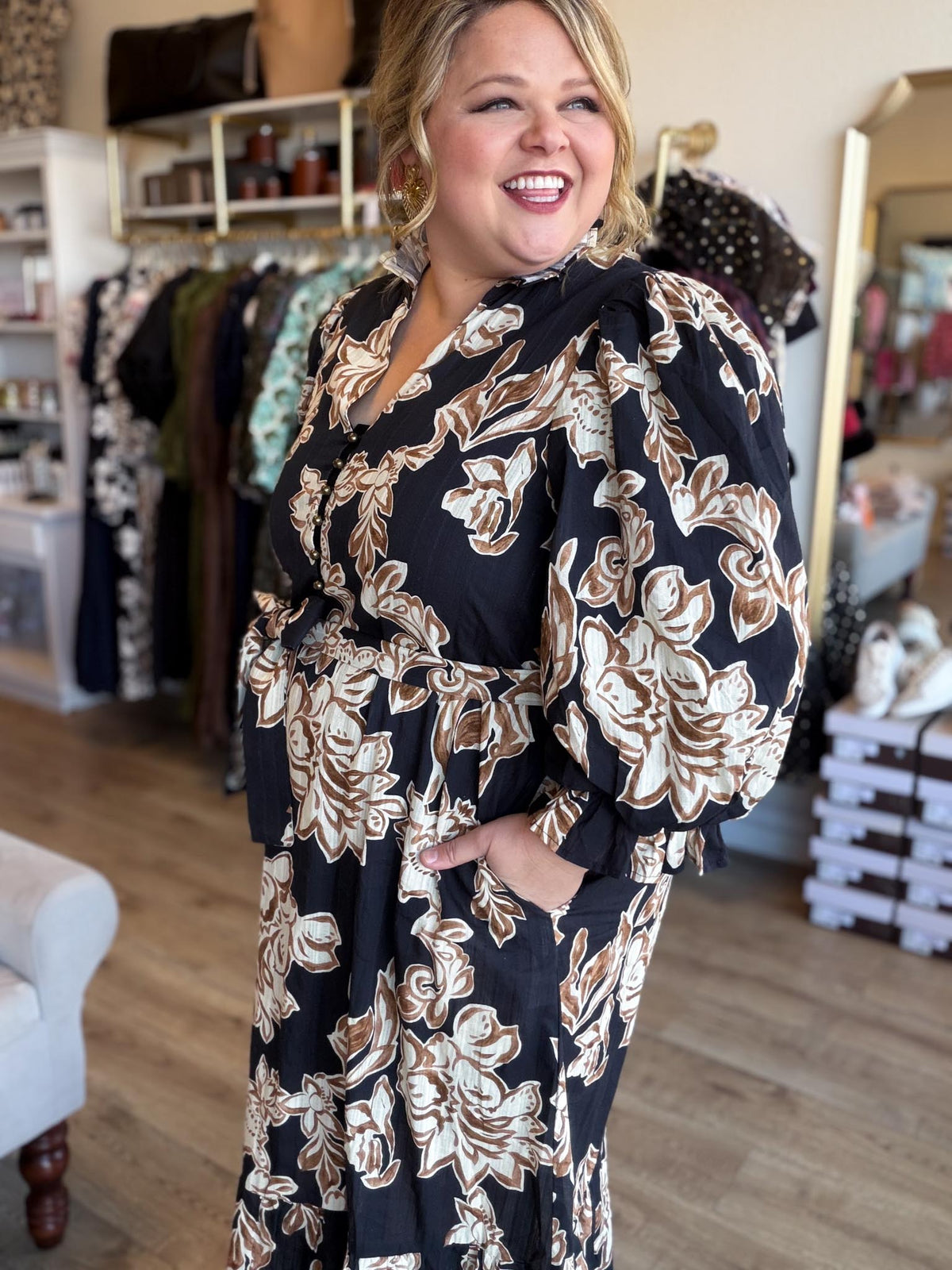 Sepia Romance Curvy Black Floral Midi Dress