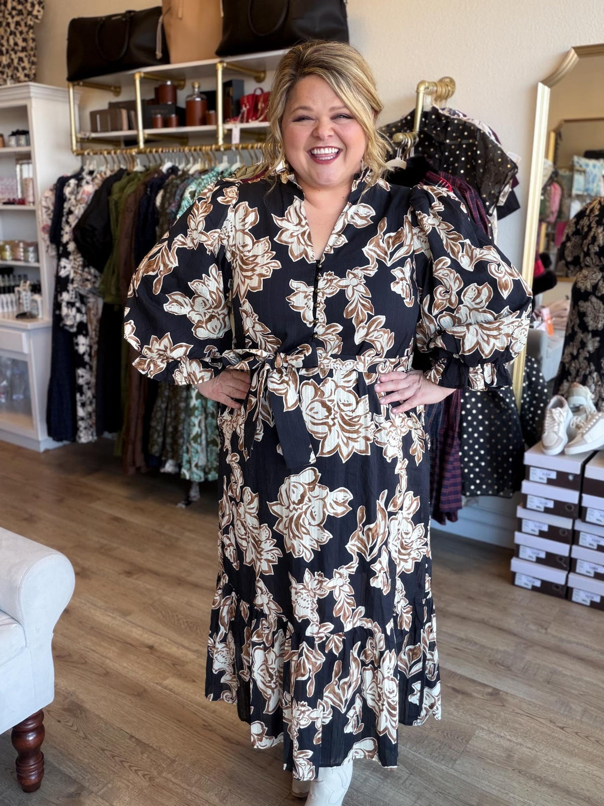Sepia Romance Curvy Black Floral Midi Dress
