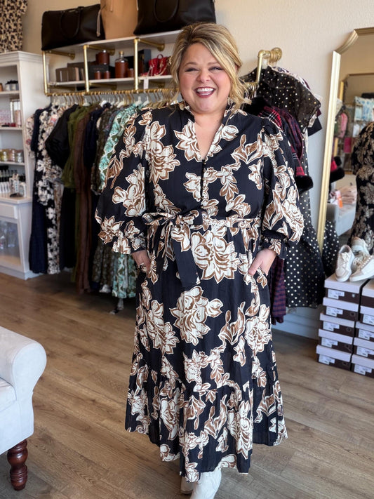 Sepia Romance Curvy Black Floral Midi Dress