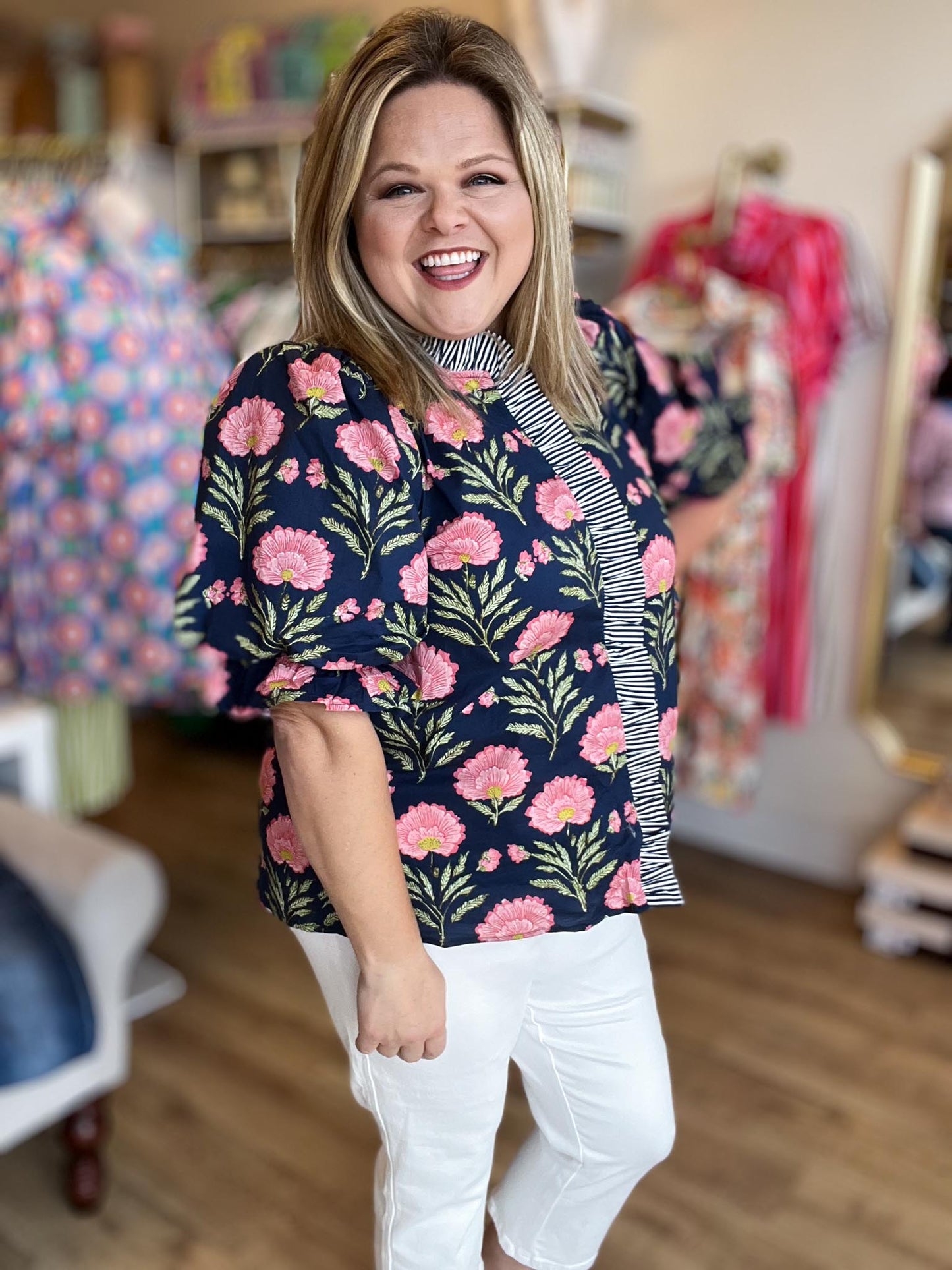 Shoreline Serenity Curvy Navy Floral Top