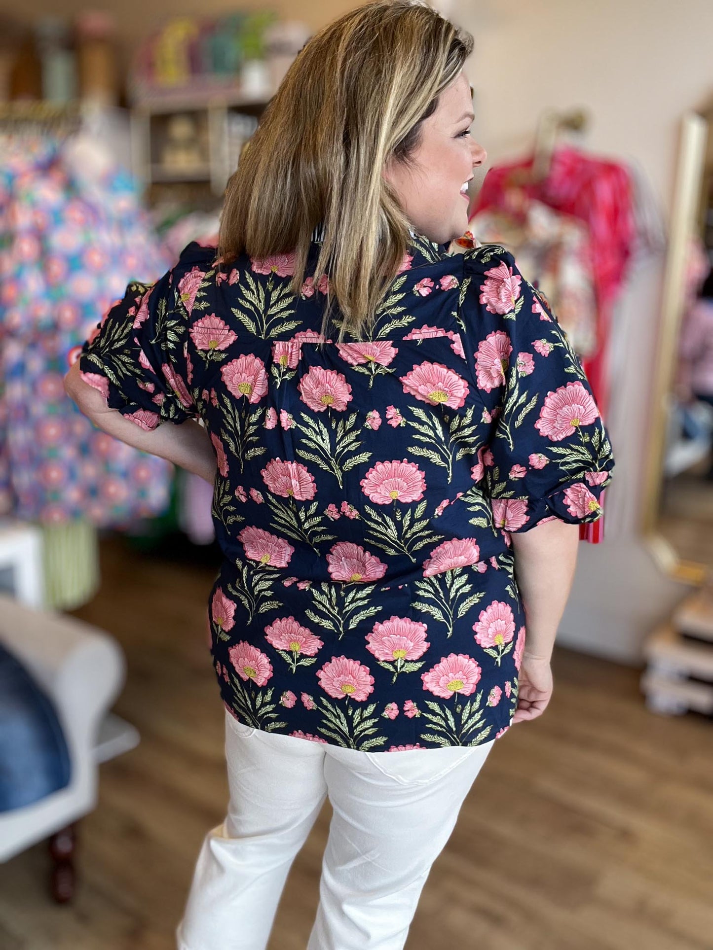 Shoreline Serenity Curvy Navy Floral Top