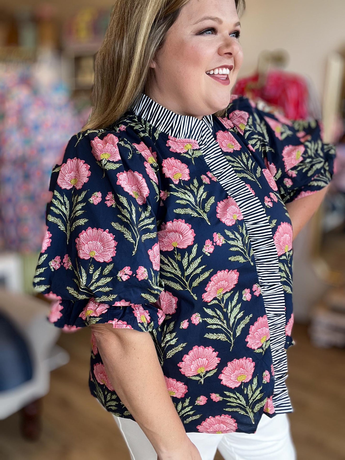 Shoreline Serenity Curvy Navy Floral Top