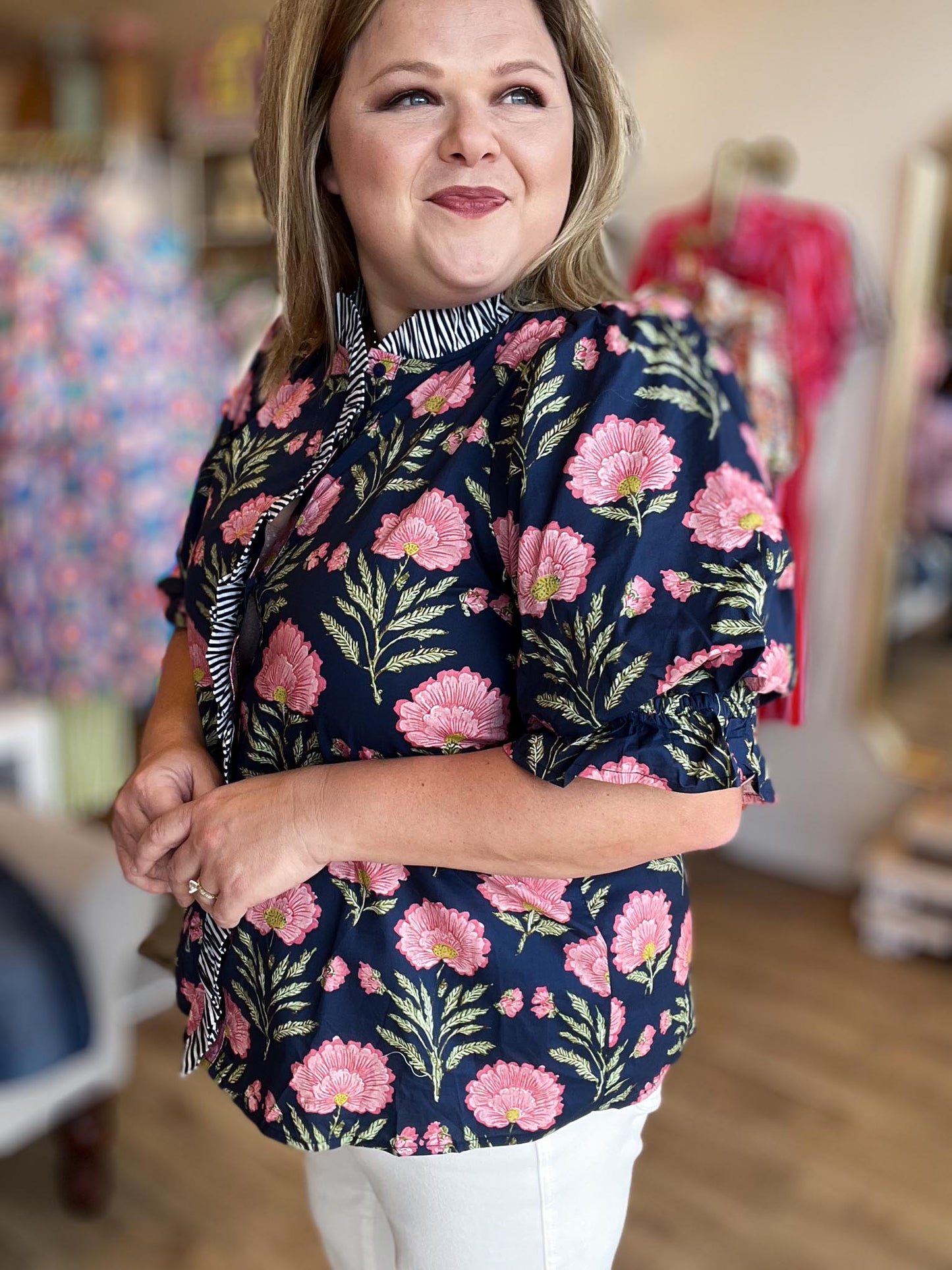 Shoreline Serenity Curvy Navy Floral Top
