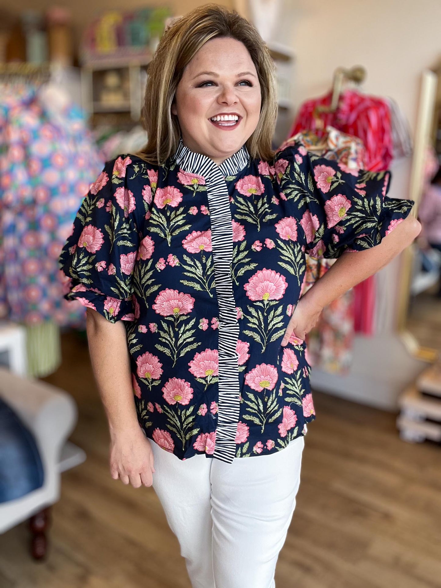 Shoreline Serenity Curvy Navy Floral Top
