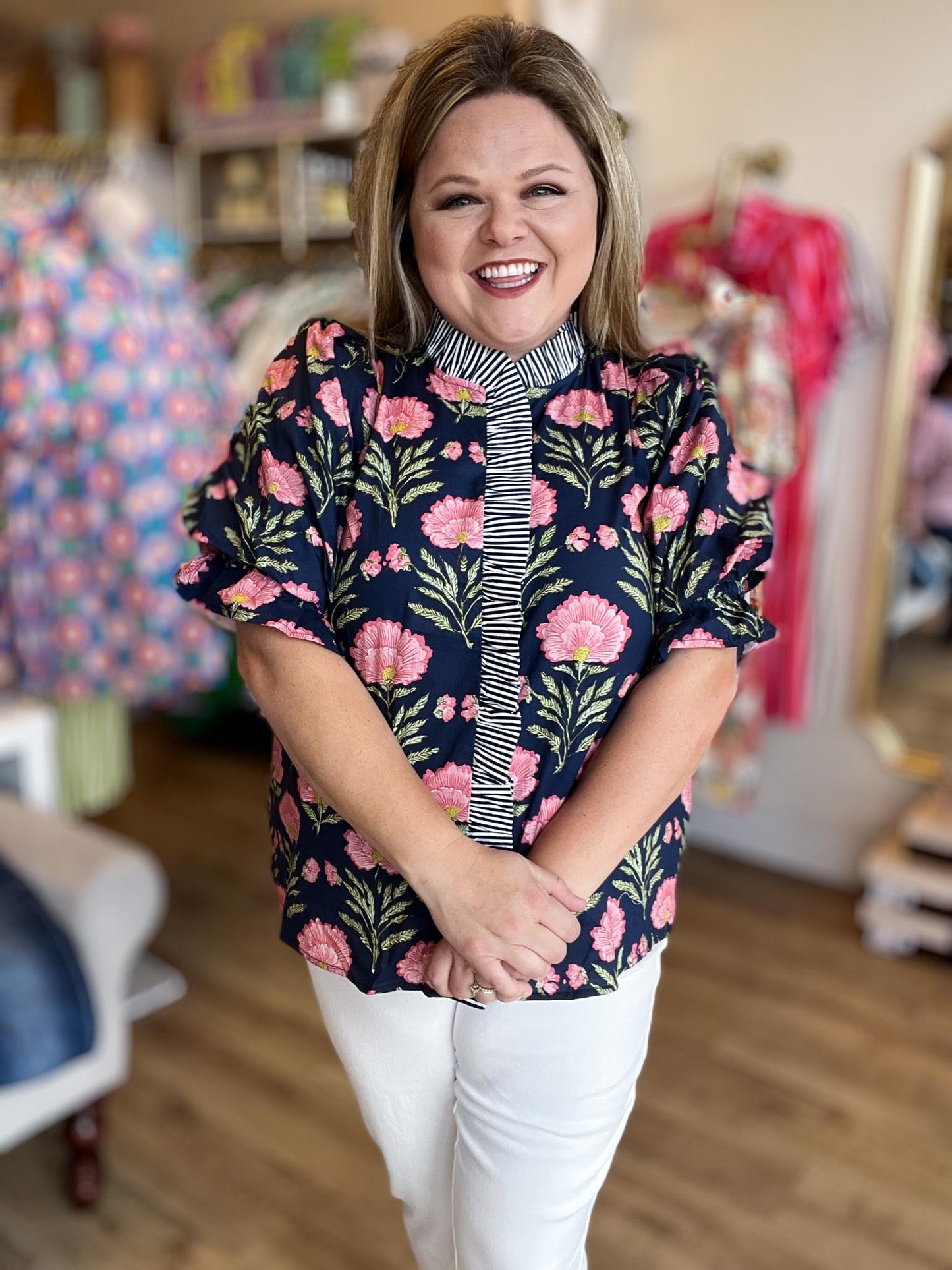 Shoreline Serenity Curvy Navy Floral Top
