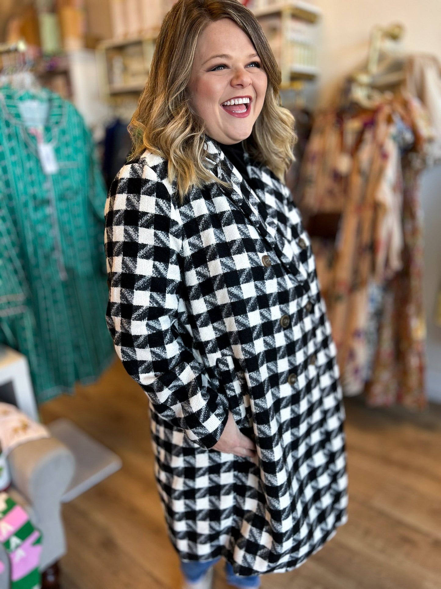 Sleigh All Day Plus-Size Black & White Houndstooth Coat