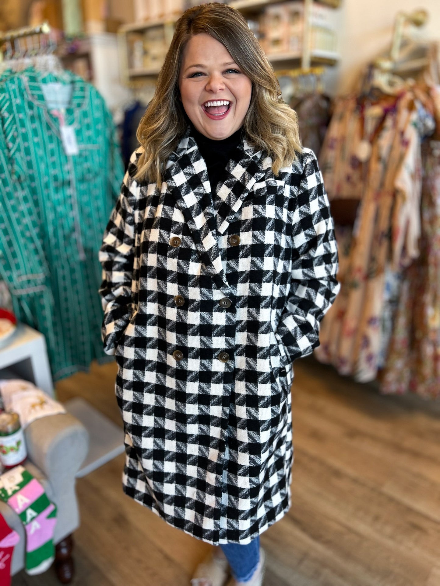 Sleigh All Day Plus-Size Black & White Houndstooth Coat
