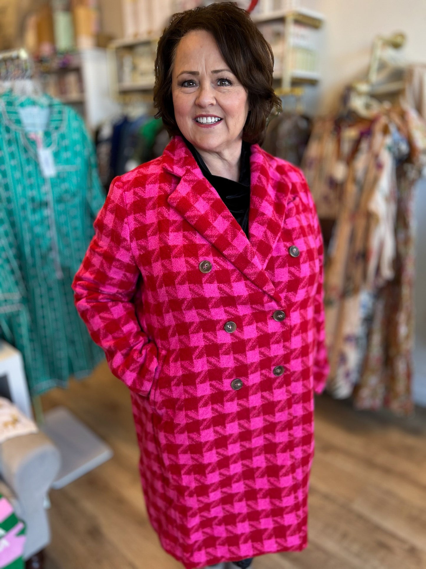 Sleigh All Day Plus-Size Red & Pink Houndstooth Coat