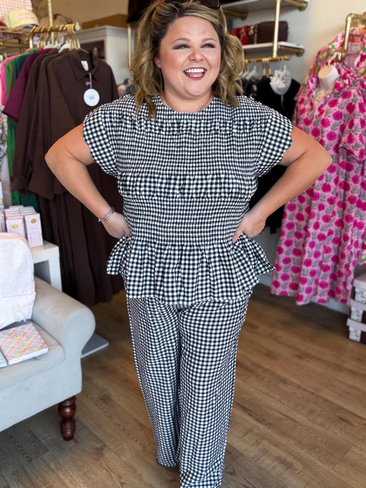 Smocked Sass Curvy Black and White Gingham Pant Set