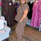 Smocked Sass Curvy Brown and White Gingham Pant Set