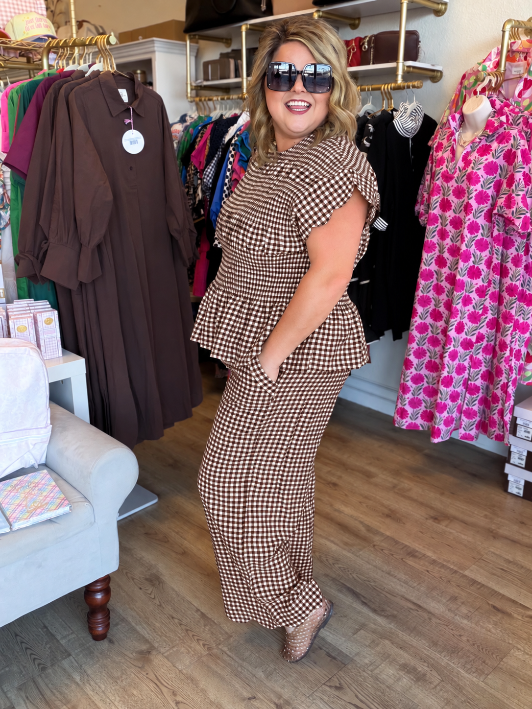 Smocked Sass Curvy Brown and White Gingham Pant Set