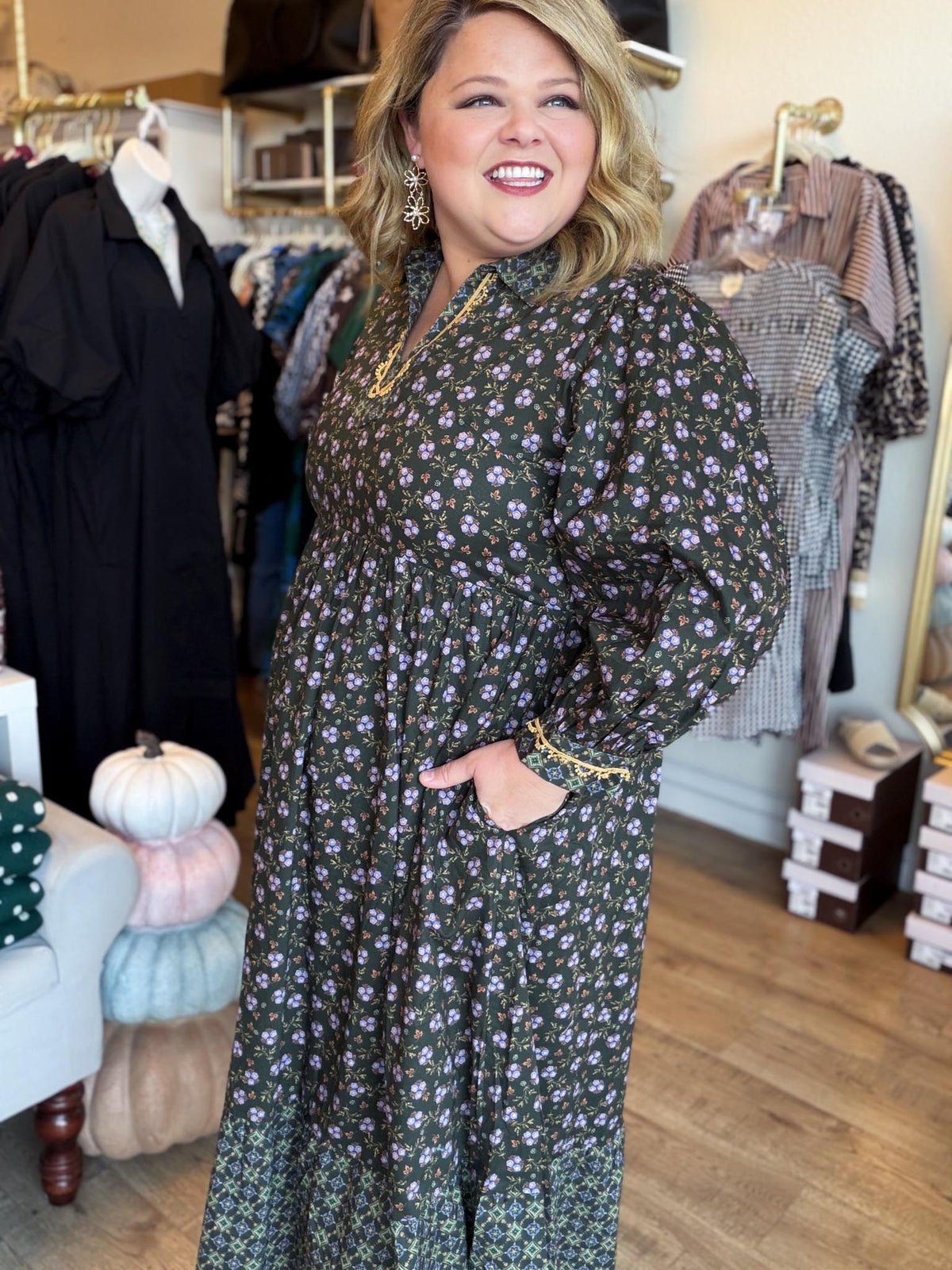 Something Simple Curvy Olive Floral Midi Dress
