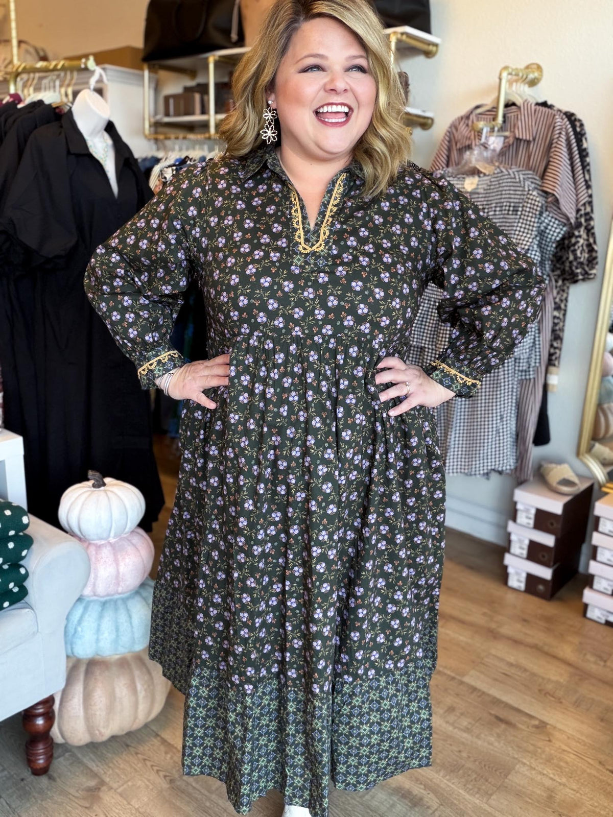 Something Simple Curvy Olive Floral Midi Dress
