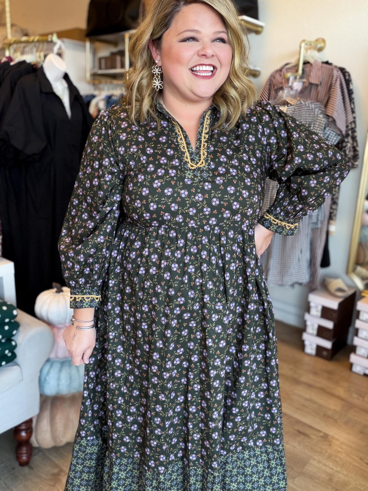 Something Simple Curvy Olive Floral Midi Dress