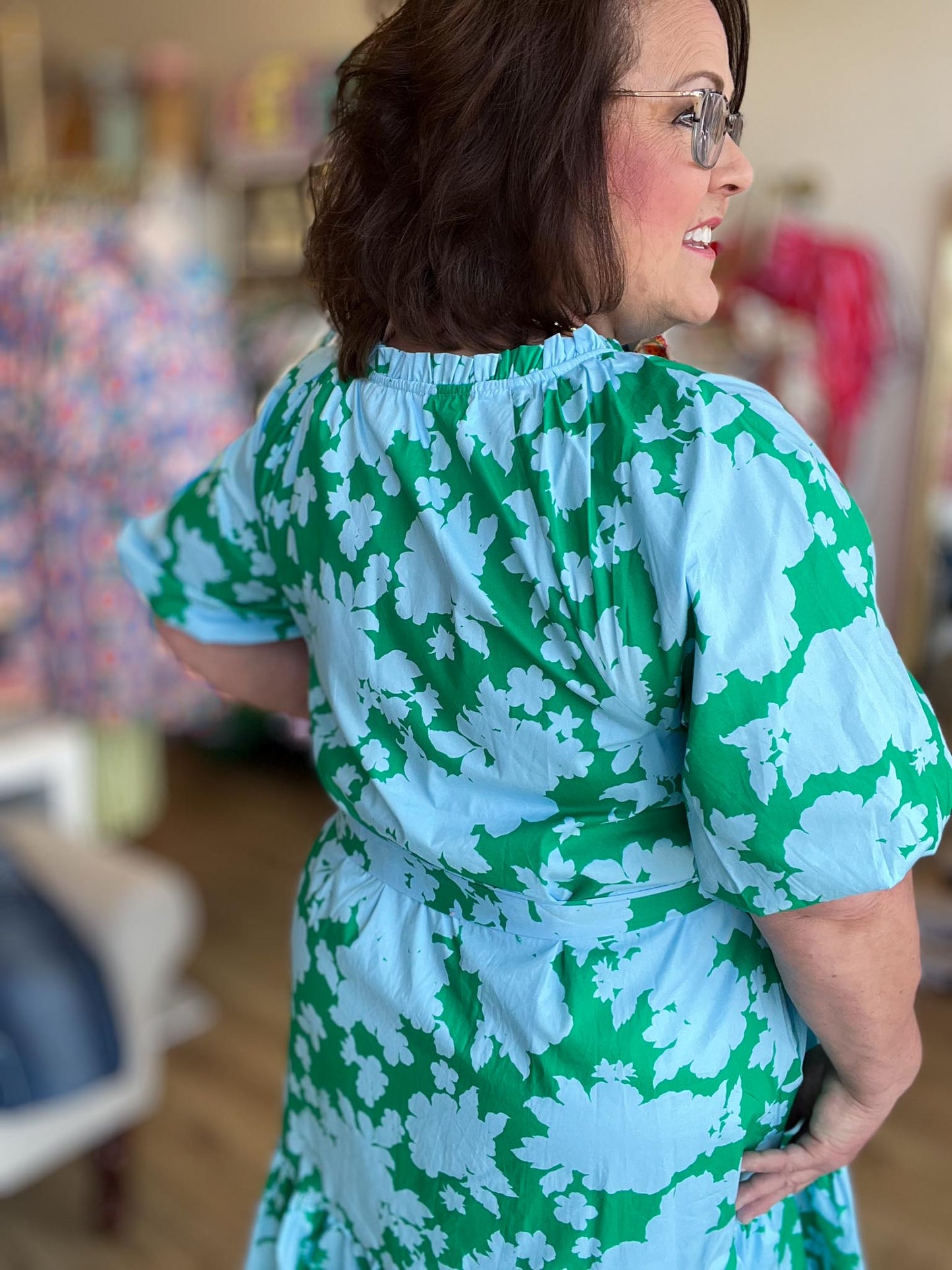 Southern Soirée Plus-Size Blue & Green Midi Dress