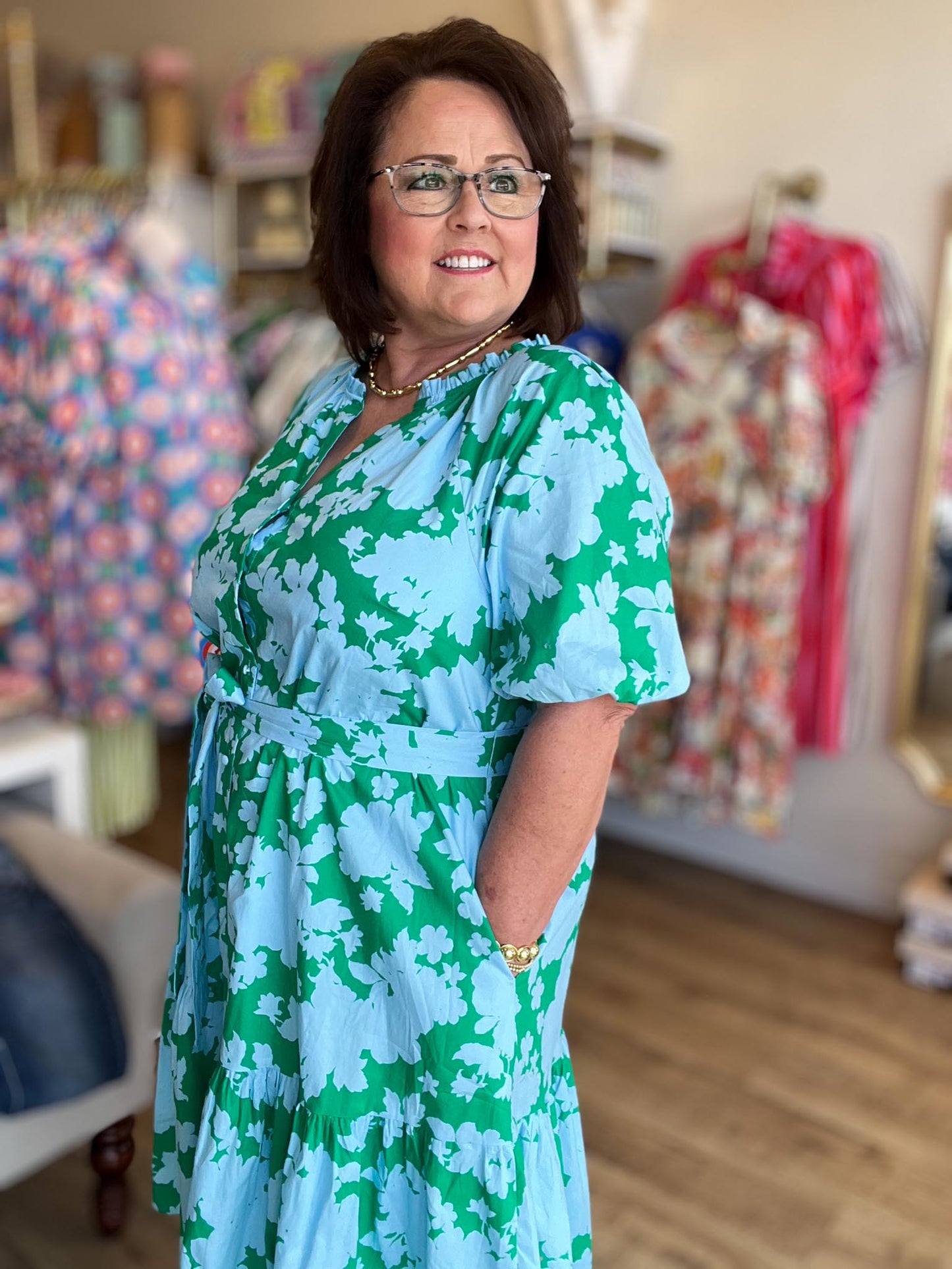 Southern Soirée Plus-Size Blue & Green Midi Dress