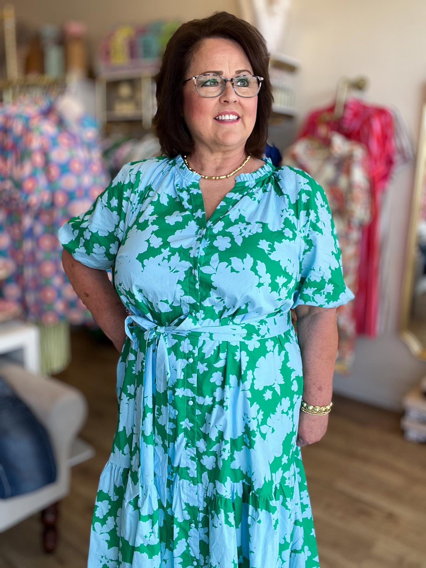 Southern Soirée Plus-Size Blue & Green Midi Dress