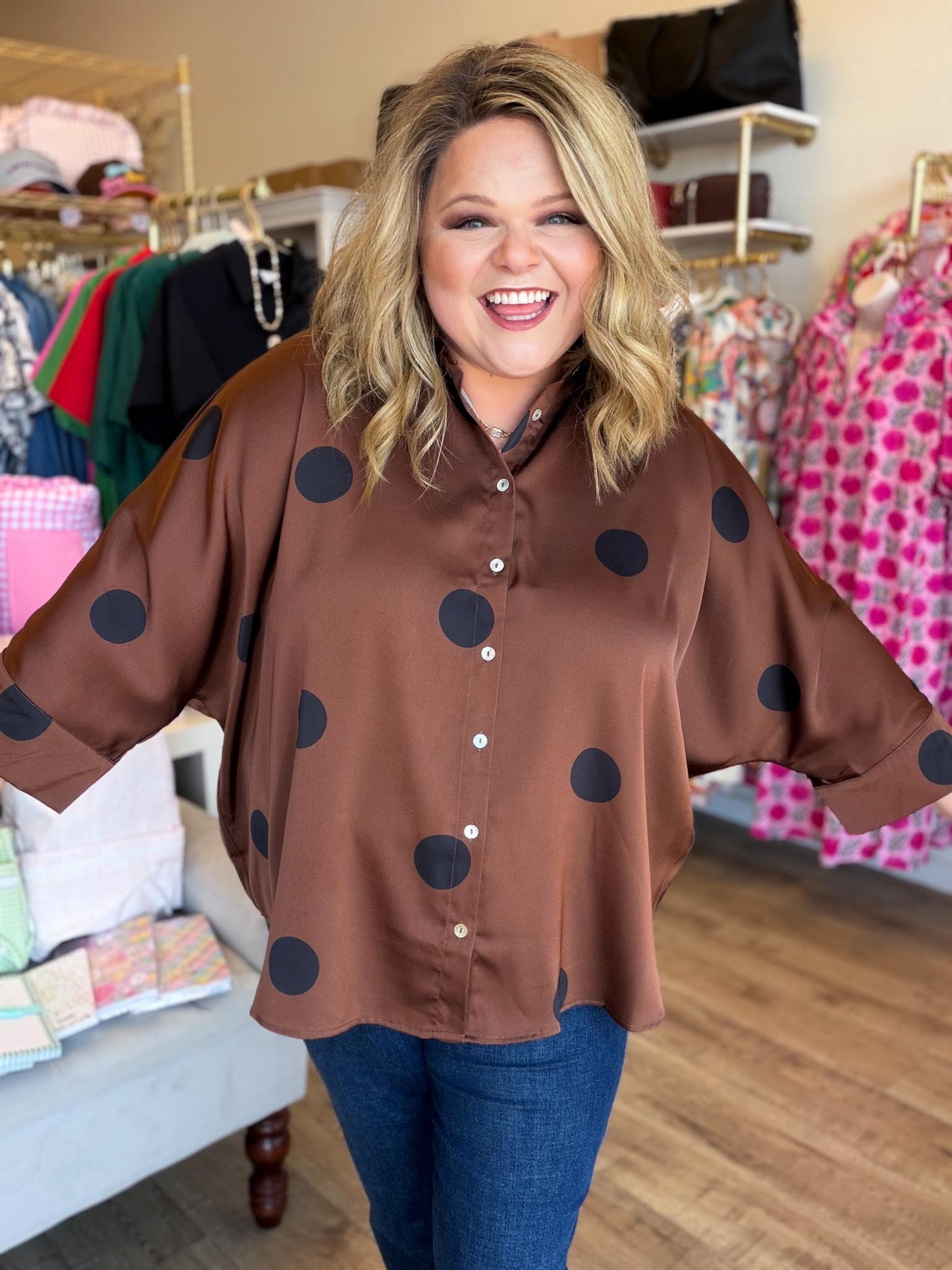 Spot On Curvy Brown Polka Dot Top