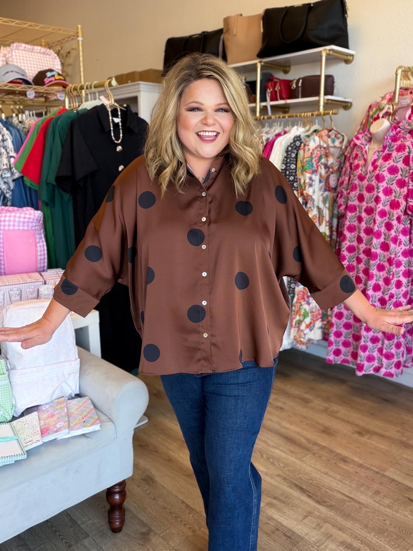 Spot On Curvy Brown Polka Dot Top