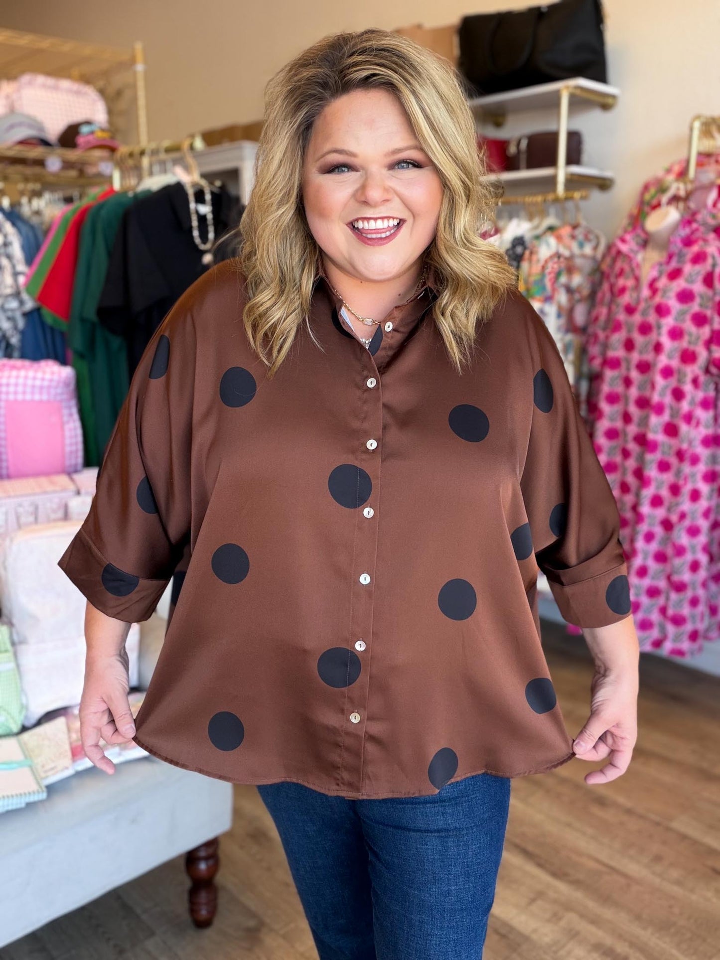 Spot On Curvy Brown Polka Dot Top