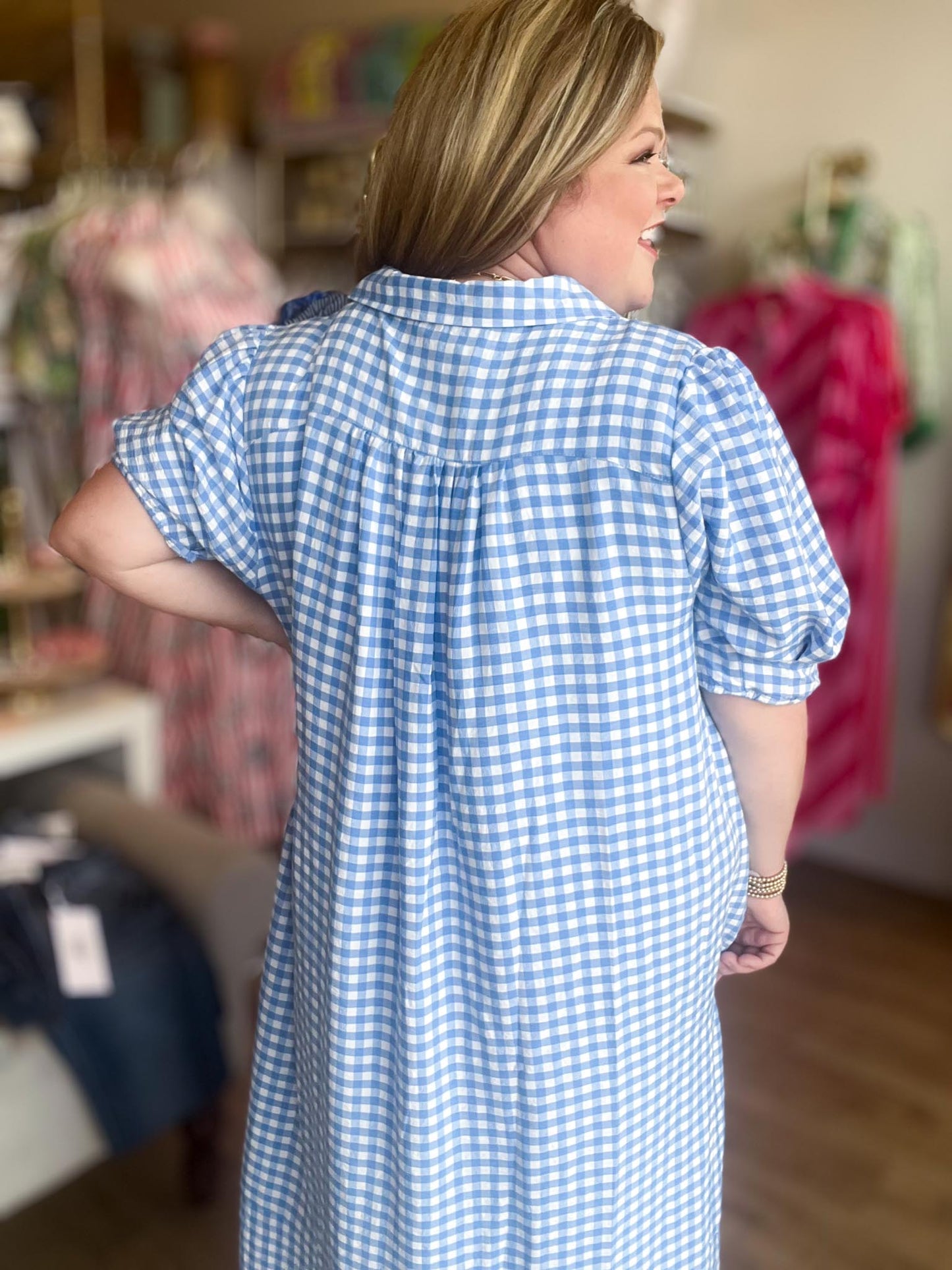 RESTOCKED! Star-Spangled Sweetheart Curvy Blue Gingham Midi Dress