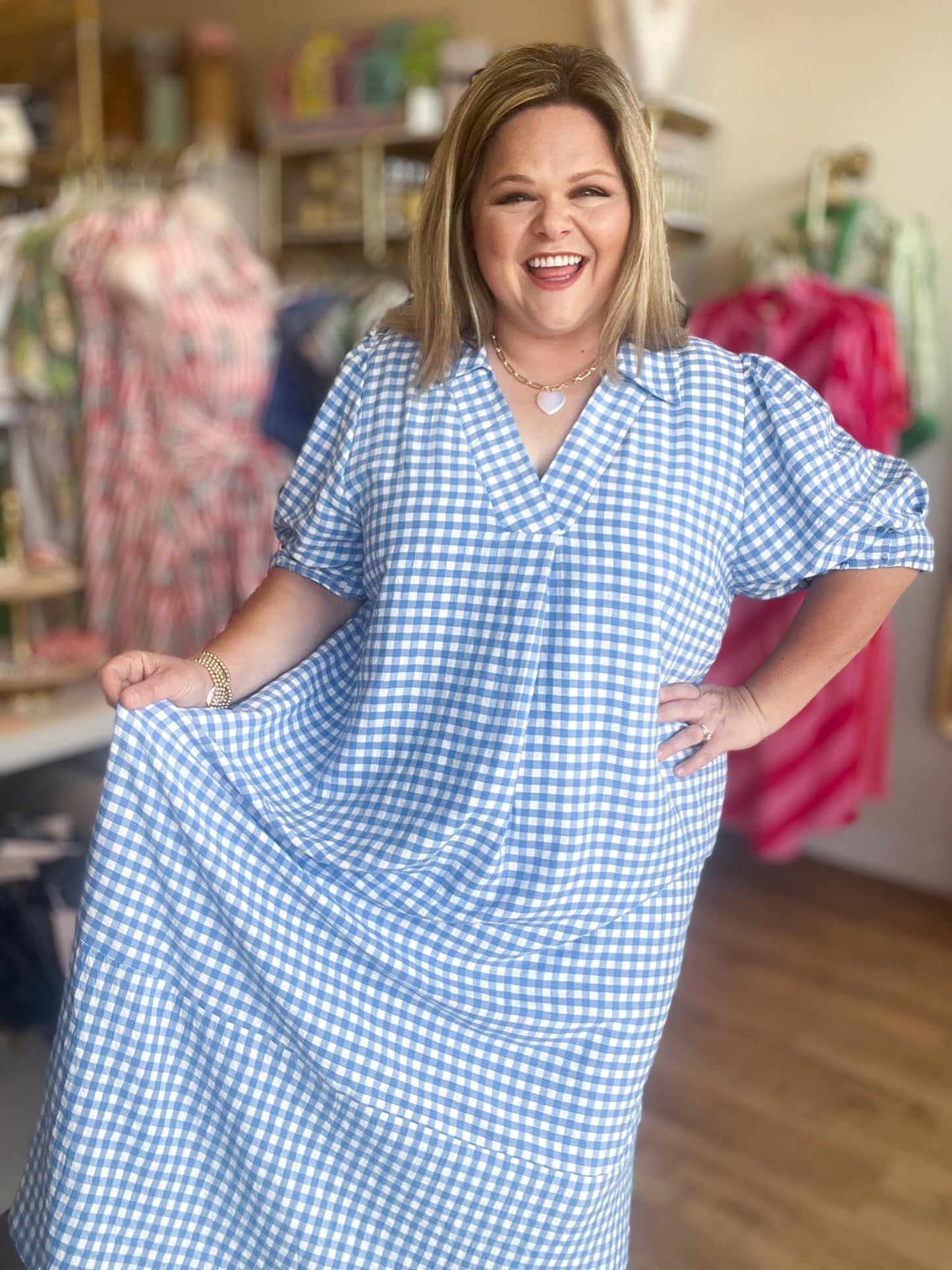 RESTOCKED! Star-Spangled Sweetheart Curvy Blue Gingham Midi Dress