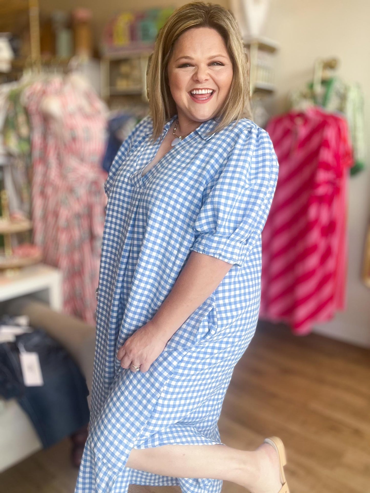 RESTOCKED! Star-Spangled Sweetheart Curvy Blue Gingham Midi Dress