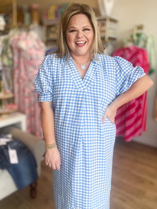 Star-Spangled Sweetheart Curvy Blue Gingham Midi Dress